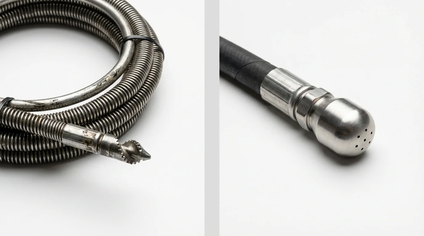 Drain snake cable and hydro jetting nozzle used for drain cleaning in Knightstown, IN