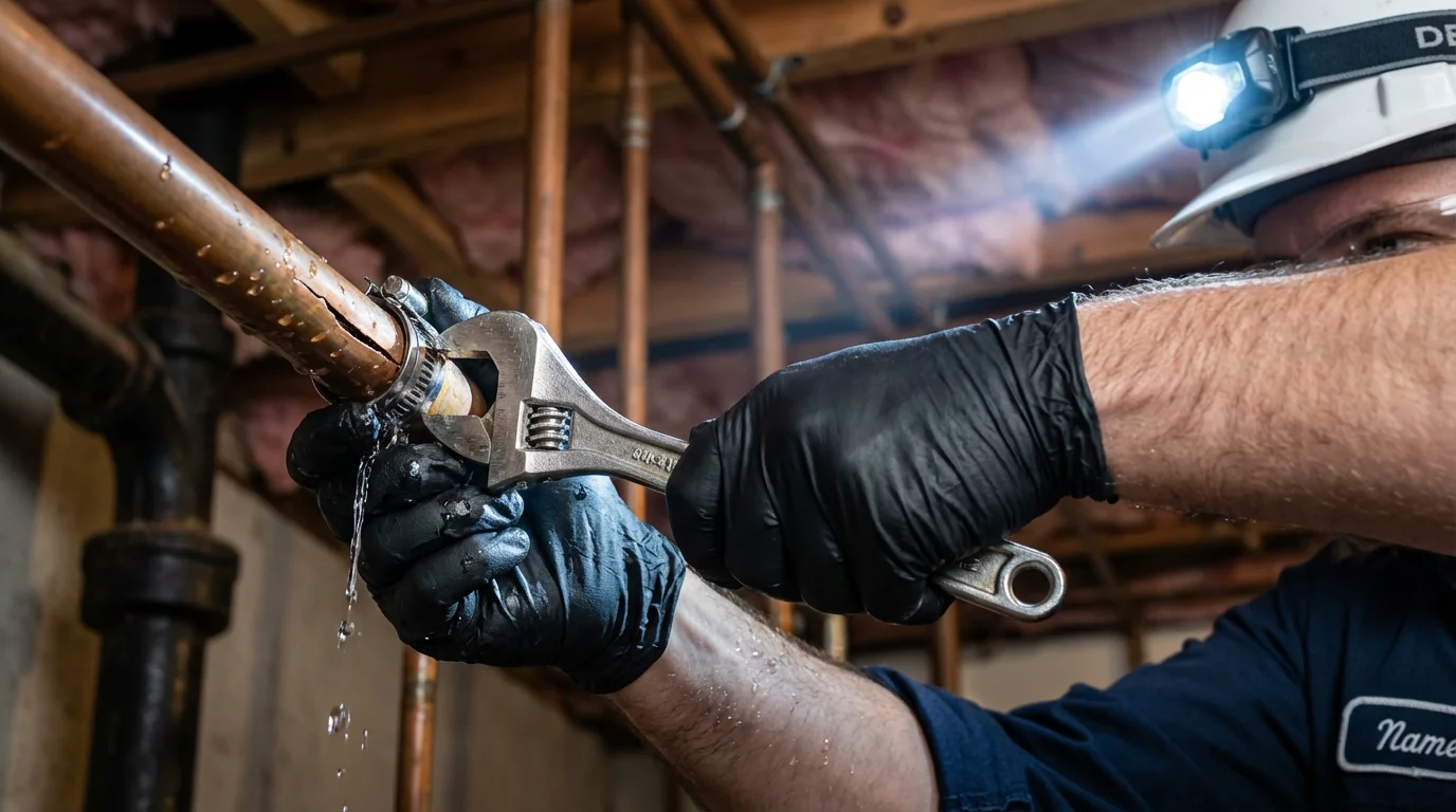 Emergency pipe clamp repair being performed by a Johns Plumbing LLC plumber in Knightstown