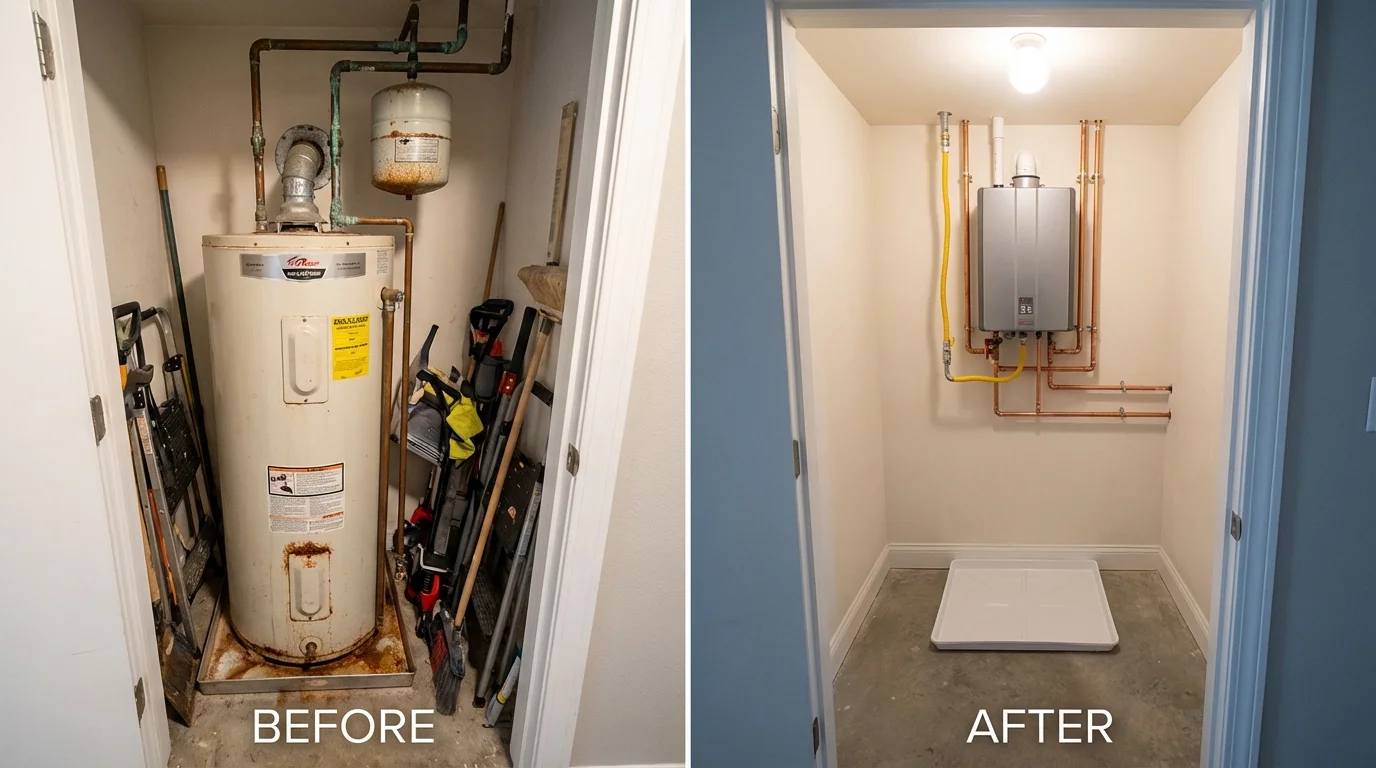 Tank water heater versus wall-mounted tankless unit comparison for Knightstown, IN homeowners