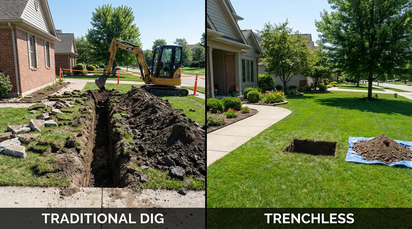 Trenchless sewer repair with minimal yard damage versus traditional excavation in Knightstown, IN