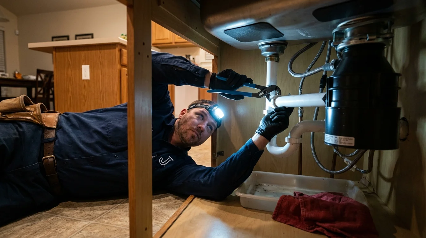 P-trap and supply line connections under a kitchen sink showing a common leak point in Knightstown, IN